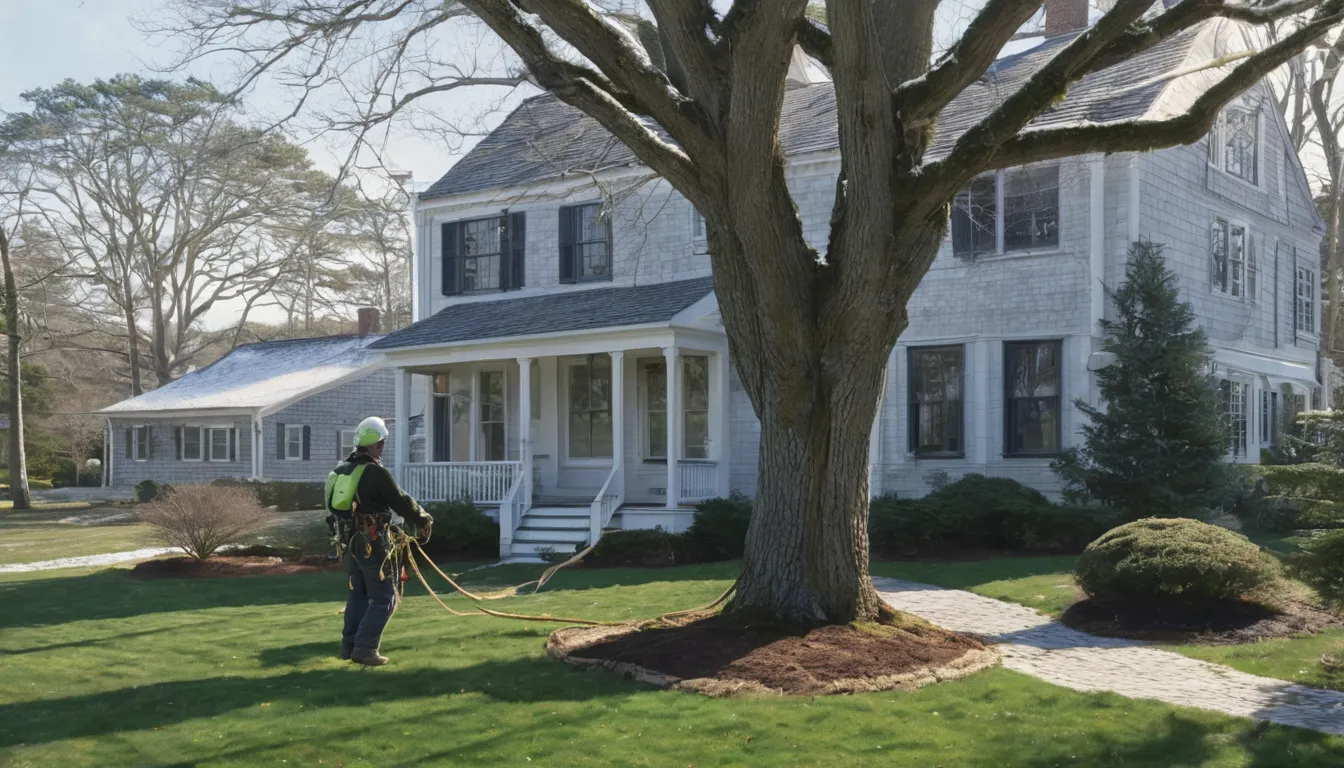 Tree removal provider cutting a large tree in a residential yard in Brockton