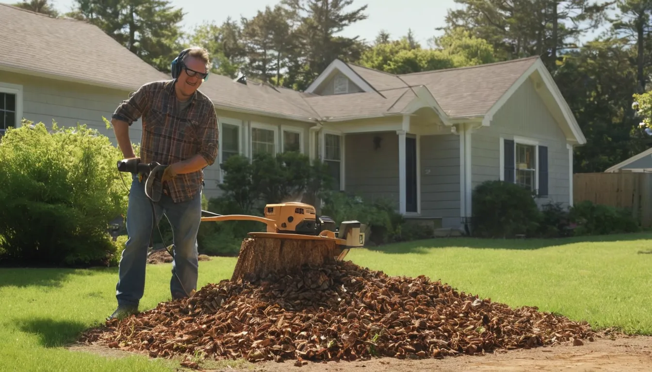 Provider grinding a tree stump in a backyard near Brockton